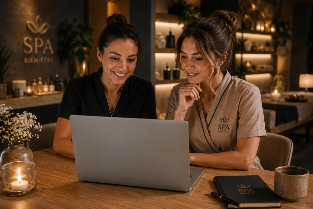 Cabine de spa élégante avec ambiance feutrée et produits de soin